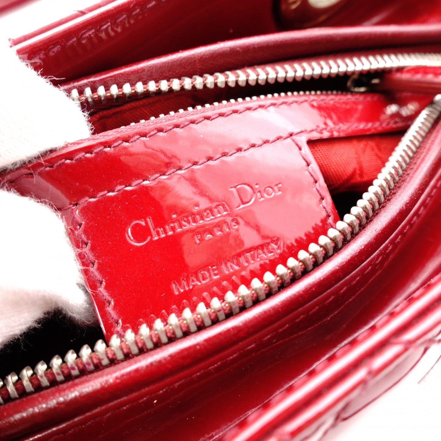 Christian Dior Medium Lady Dior Handbag, Patent Leather, Red, 2-Way, Silver Hardware
