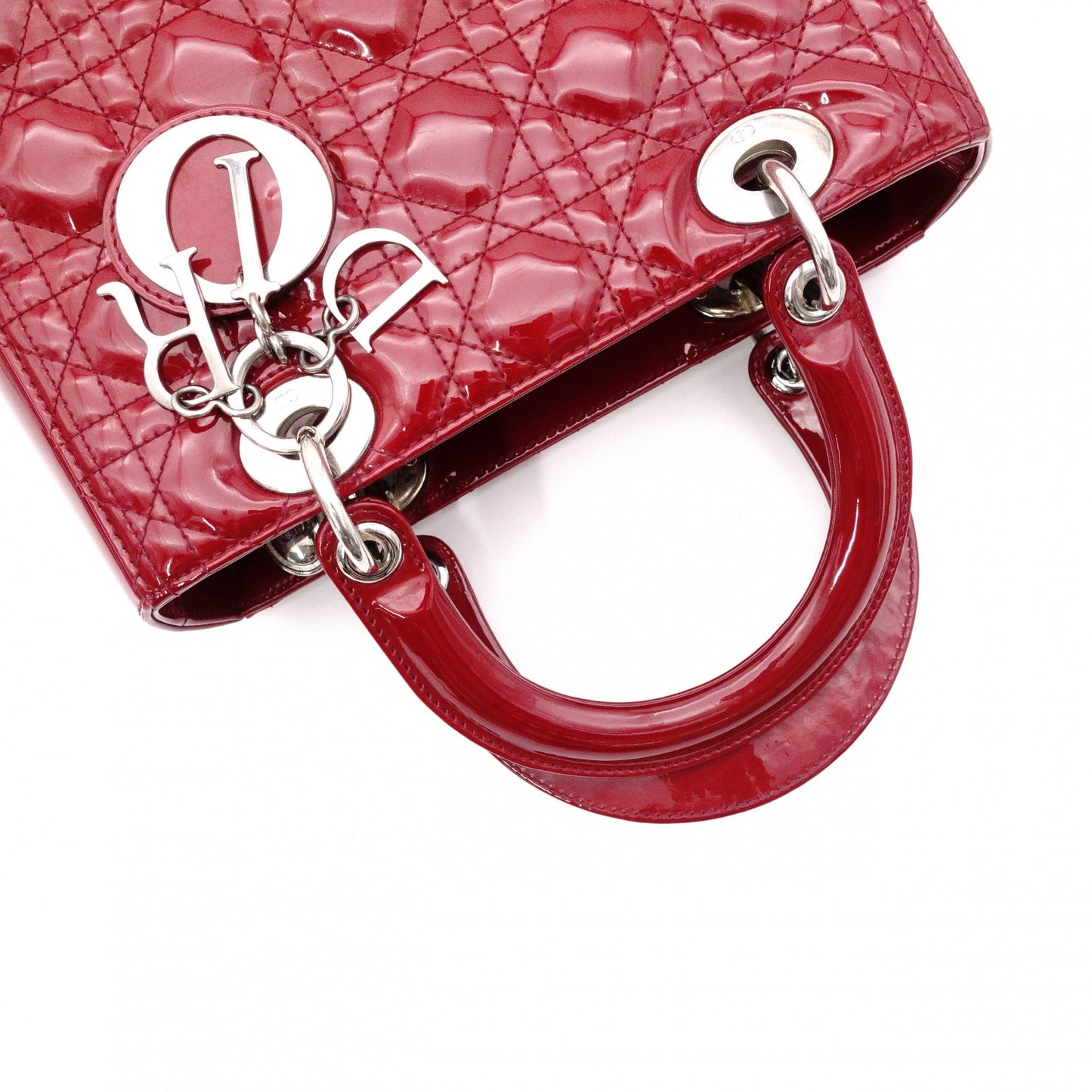 Christian Dior Medium Lady Dior Handbag, Patent Leather, Red, 2-Way, Silver Hardware