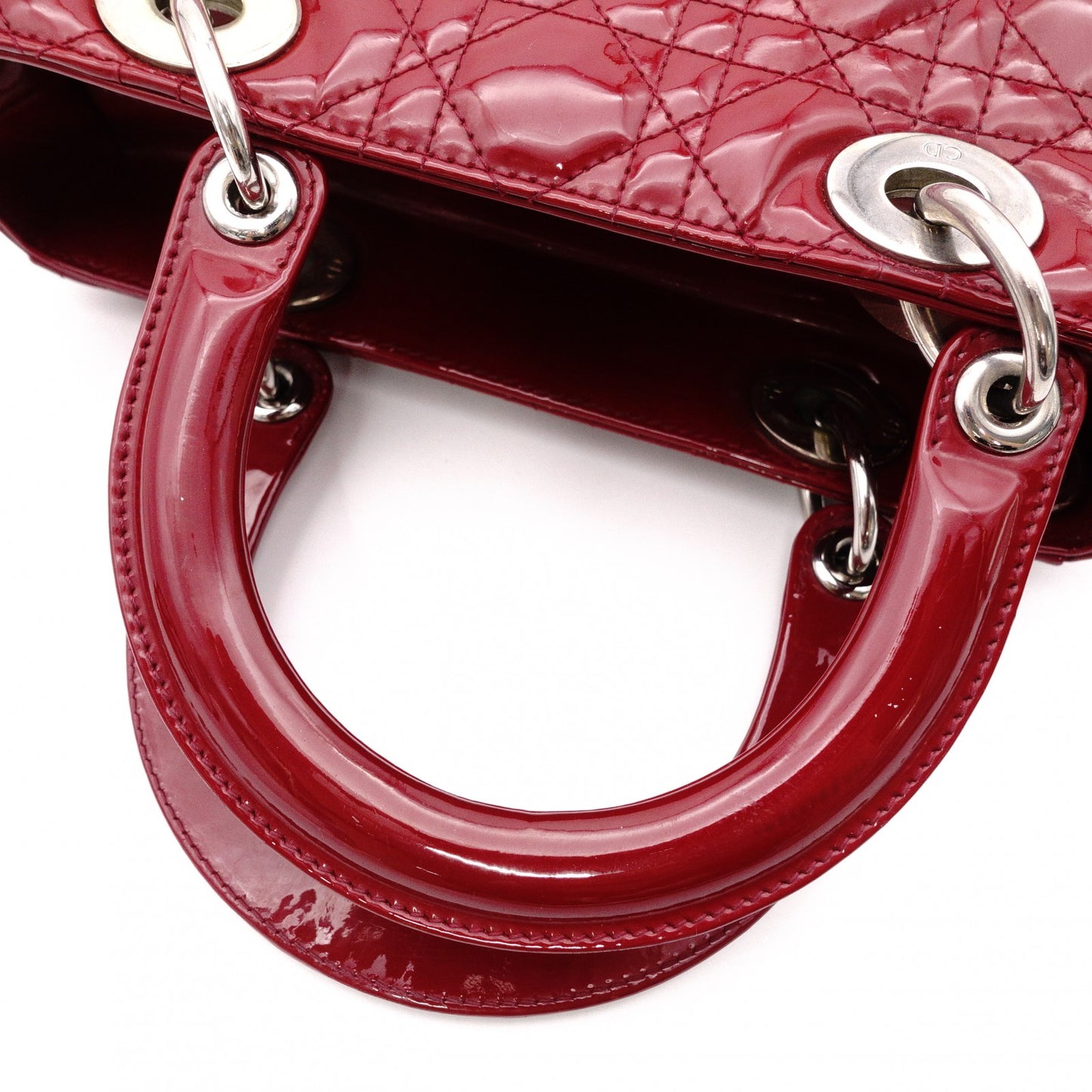 Christian Dior Medium Lady Dior Handbag, Patent Leather, Red, 2-Way, Silver Hardware