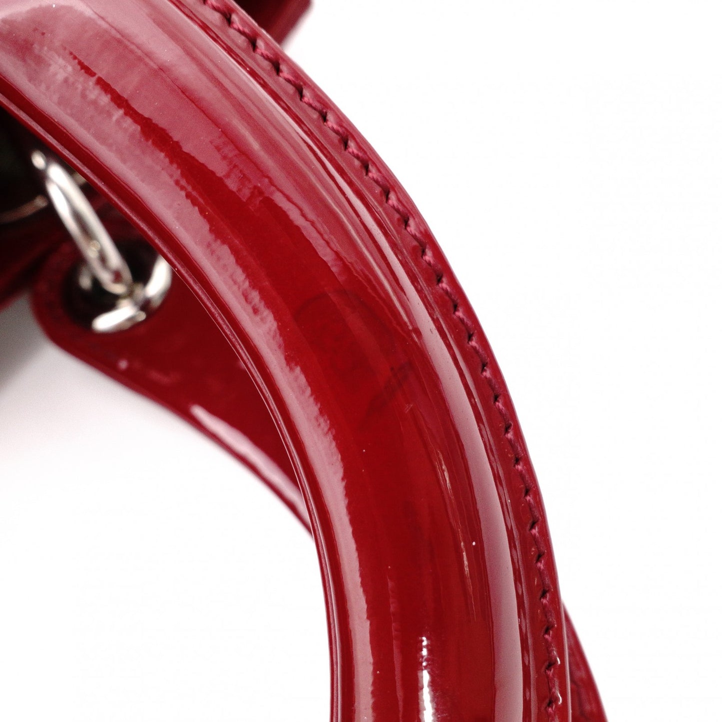 Christian Dior Medium Lady Dior Handbag, Patent Leather, Red, 2-Way, Silver Hardware