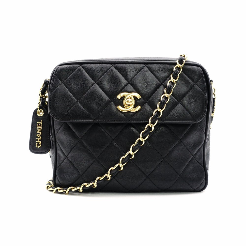 CHANEL Matelassé Chain Shoulder Bag Black Lambskin Gold Hardware