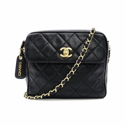 CHANEL Matelassé Chain Shoulder Bag Black Lambskin Gold Hardware