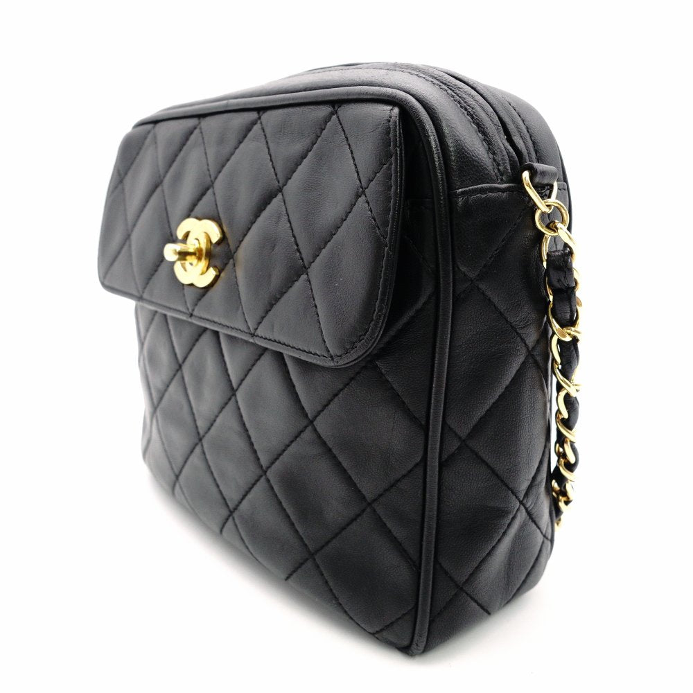 CHANEL Matelassé Chain Shoulder Bag Black Lambskin Gold Hardware