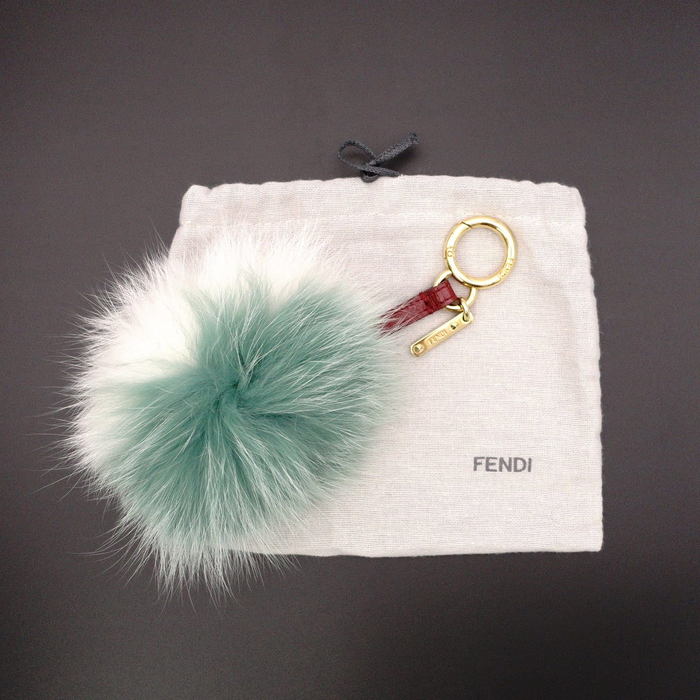 FENDI Keychain, Fur, White and Green, Monster Key Charm, Bag Charm