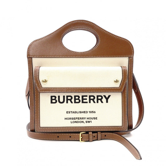 BURBERRY Leather Pocket Bag Mini Two-Tone Canvas Handbag Canvas/Leather Off-White 2-Way