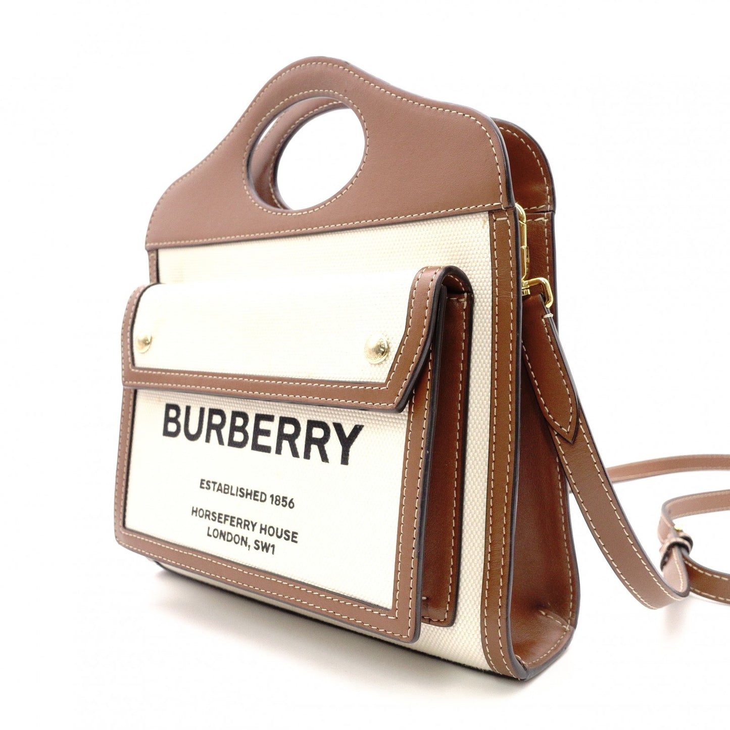 BURBERRY Leather Pocket Bag Mini Two-Tone Canvas Handbag Canvas/Leather Off-White 2-Way