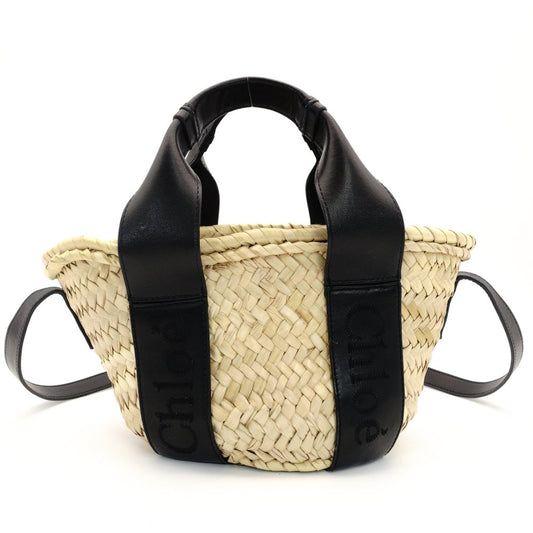 Chloe Sense Small Basket Bag 2-Way Handbag Crossbody Straw Raffia Black Beige Leather 7-10-380