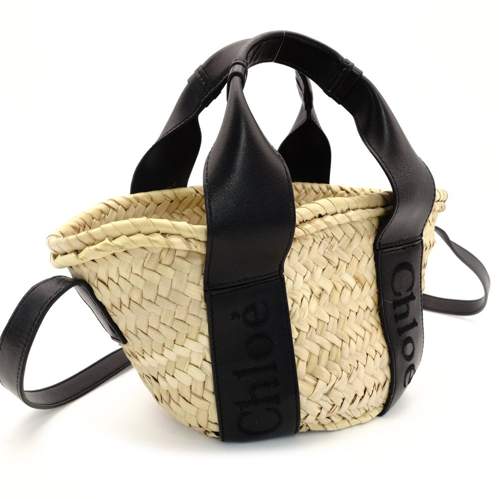 Chloe Sense Small Basket Bag 2-Way Handbag Crossbody Straw Raffia Black Beige Leather 7-10-380