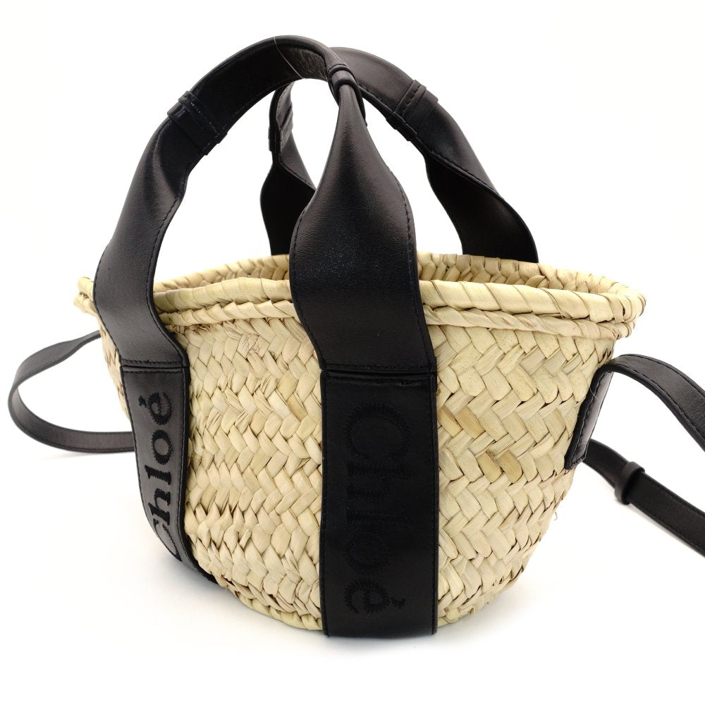 Chloe Sense Small Basket Bag 2-Way Handbag Crossbody Straw Raffia Black Beige Leather 7-10-380