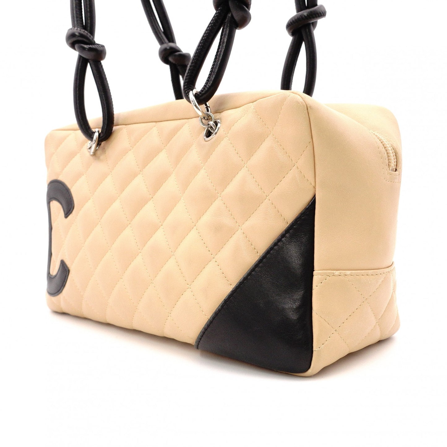 CHANEL Cambon Shoulder Bag, Leather, Beige and Black, Tote Bag, Silver Hardware
