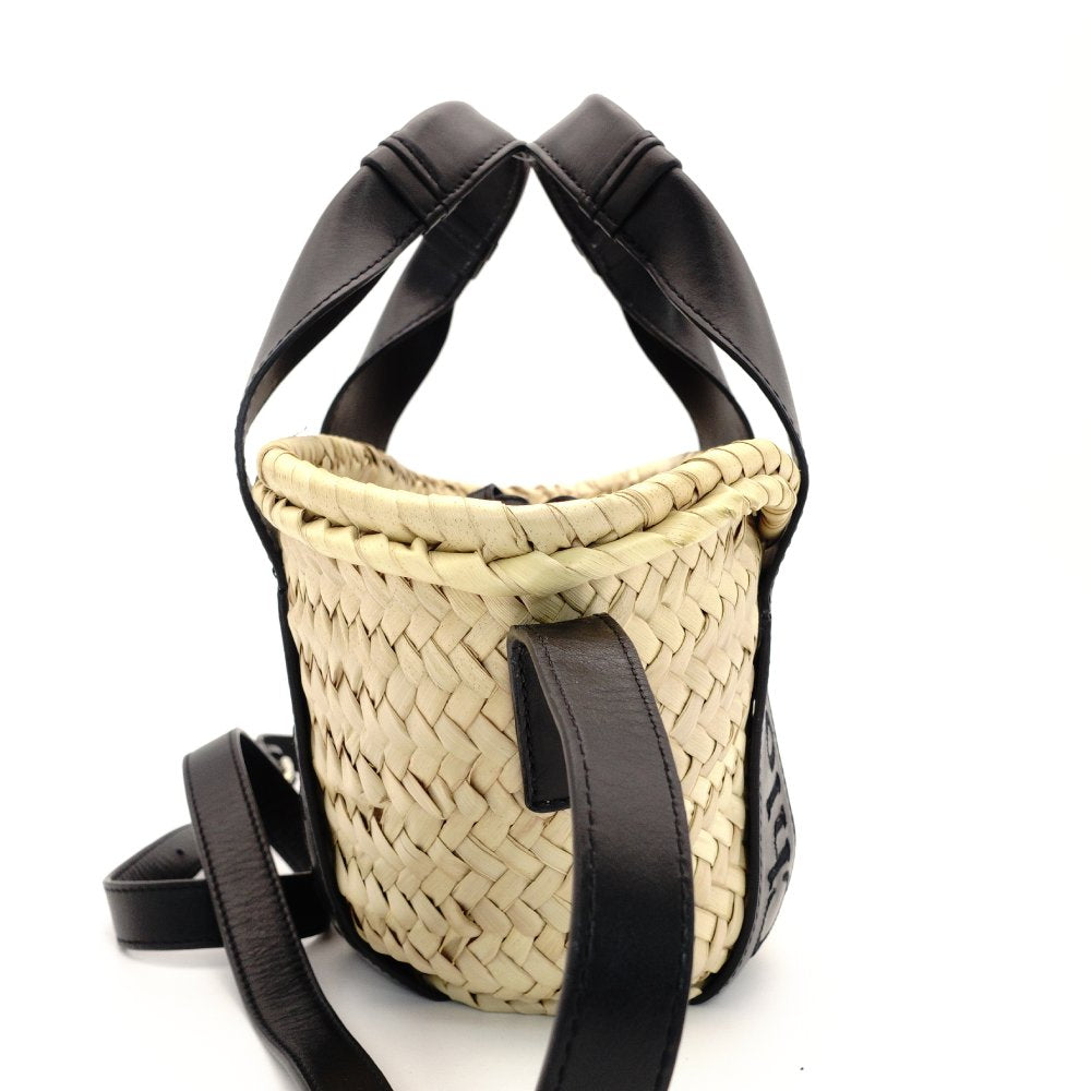 Chloe Sense Small Basket Bag 2-Way Handbag Crossbody Straw Raffia Black Beige Leather 7-10-380
