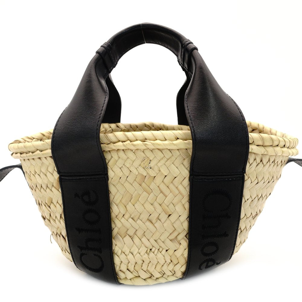 Chloe Sense Small Basket Bag 2-Way Handbag Crossbody Straw Raffia Black Beige Leather 7-10-380