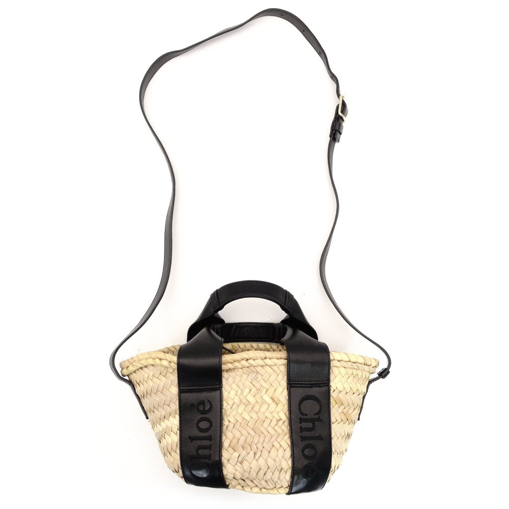 Chloe Sense Small Basket Bag 2-Way Handbag Crossbody Straw Raffia Black Beige Leather 7-10-380