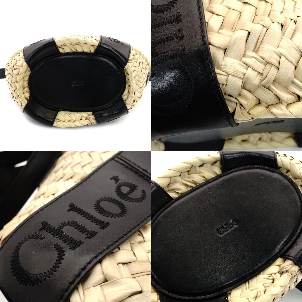 Chloe Sense Small Basket Bag 2-Way Handbag Crossbody Straw Raffia Black Beige Leather 7-10-380