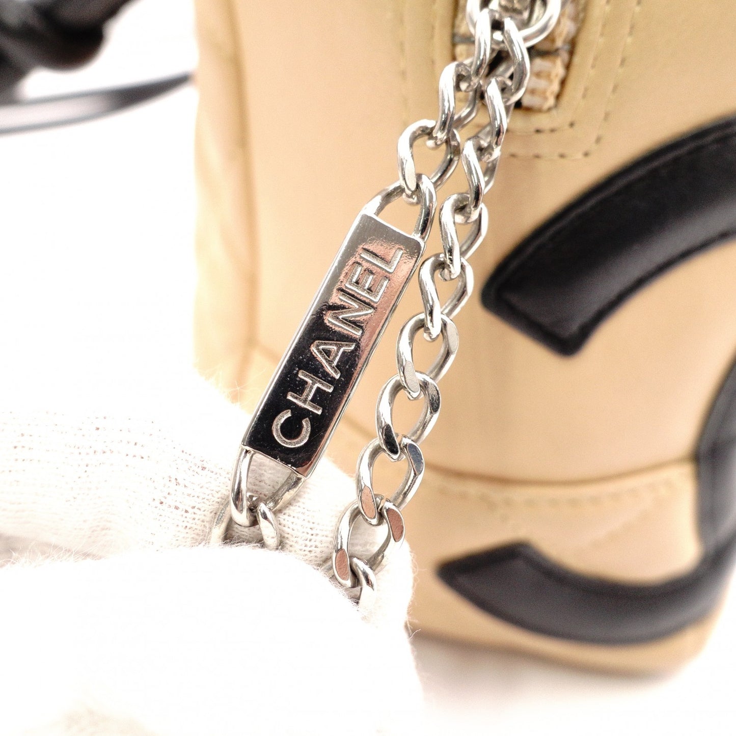 CHANEL Cambon Shoulder Bag, Leather, Beige and Black, Tote Bag, Silver Hardware