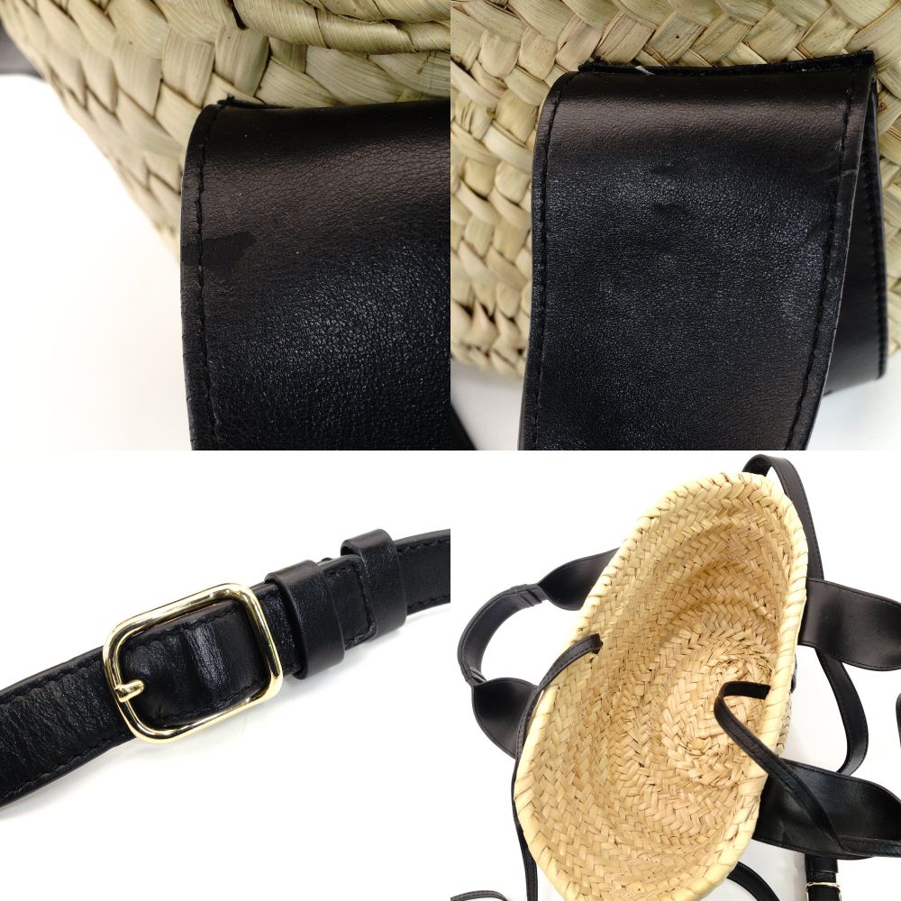 Chloe Sense Small Basket Bag 2-Way Handbag Crossbody Straw Raffia Black Beige Leather 7-10-380