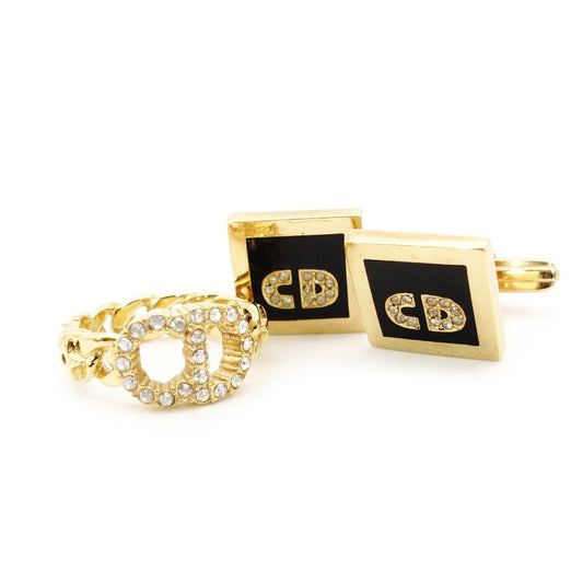 Christian Dior Ring Cuff Set Gold Rhinestone CD Logo Men's Women's 7-10-481