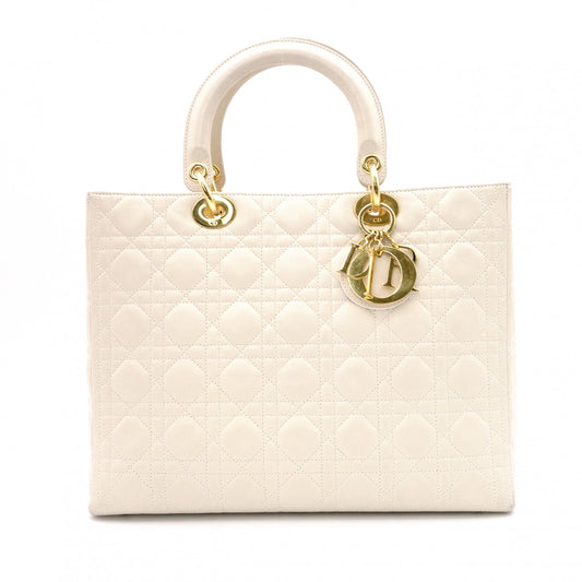 Christian Dior Lady Dior Handbag, Leather, Off-White, 2-Way