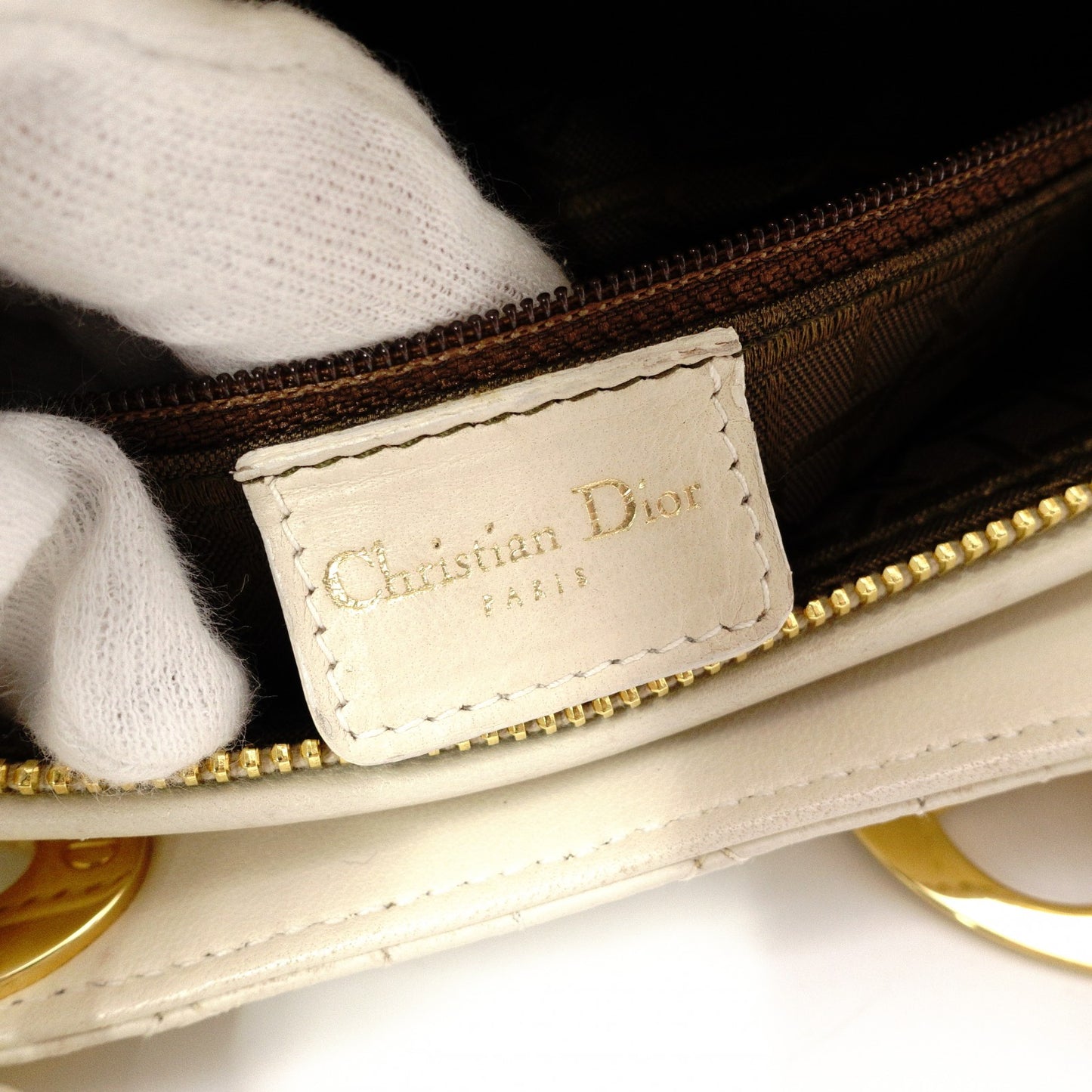 Christian Dior Lady Dior Handbag, Leather, Off-White, 2-Way