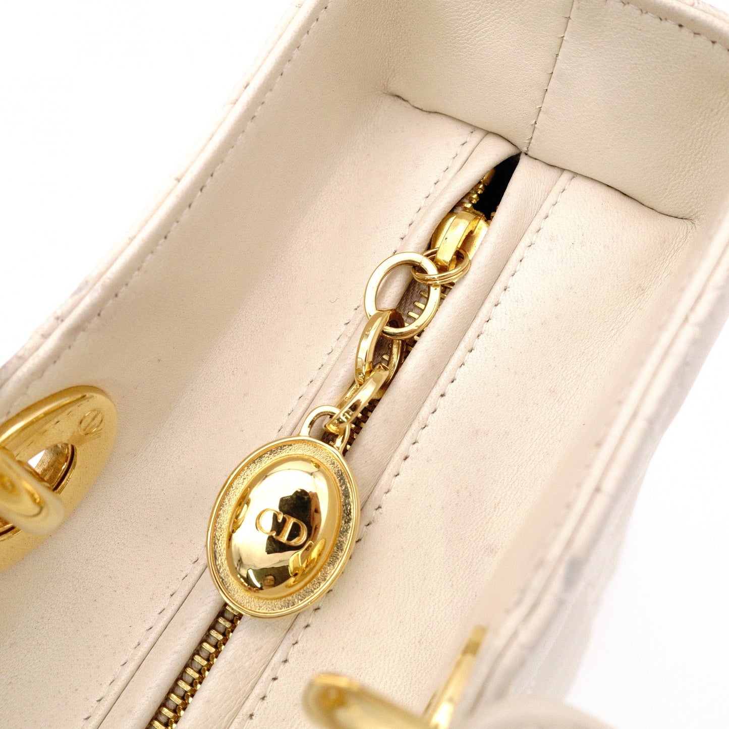 Christian Dior Lady Dior Handbag, Leather, Off-White, 2-Way