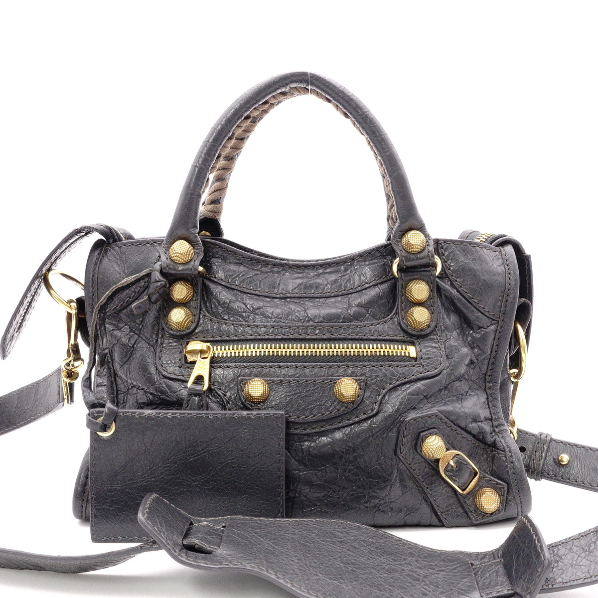 BALENCIAGA The Mini City Handbag, Leather, Gray, Women's, Crossbody, Gold Hardware