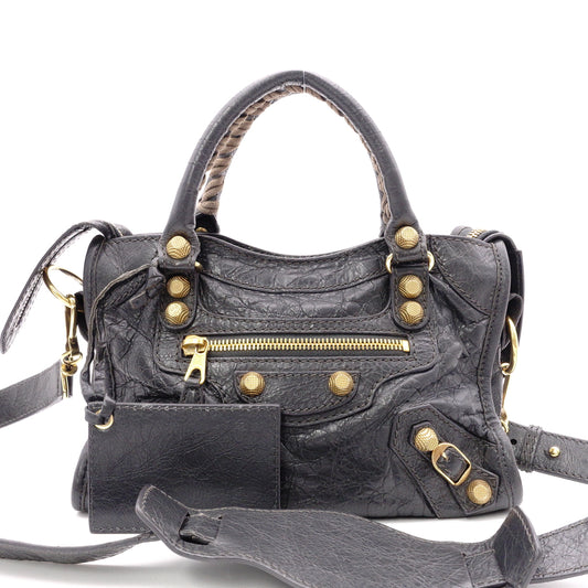 BALENCIAGA The Mini City Handbag, Leather, Gray, Women's, Crossbody, Gold Hardware
