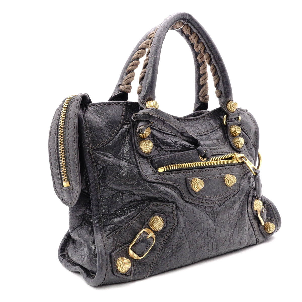 BALENCIAGA The Mini City Handbag, Leather, Gray, Women's, Crossbody, Gold Hardware