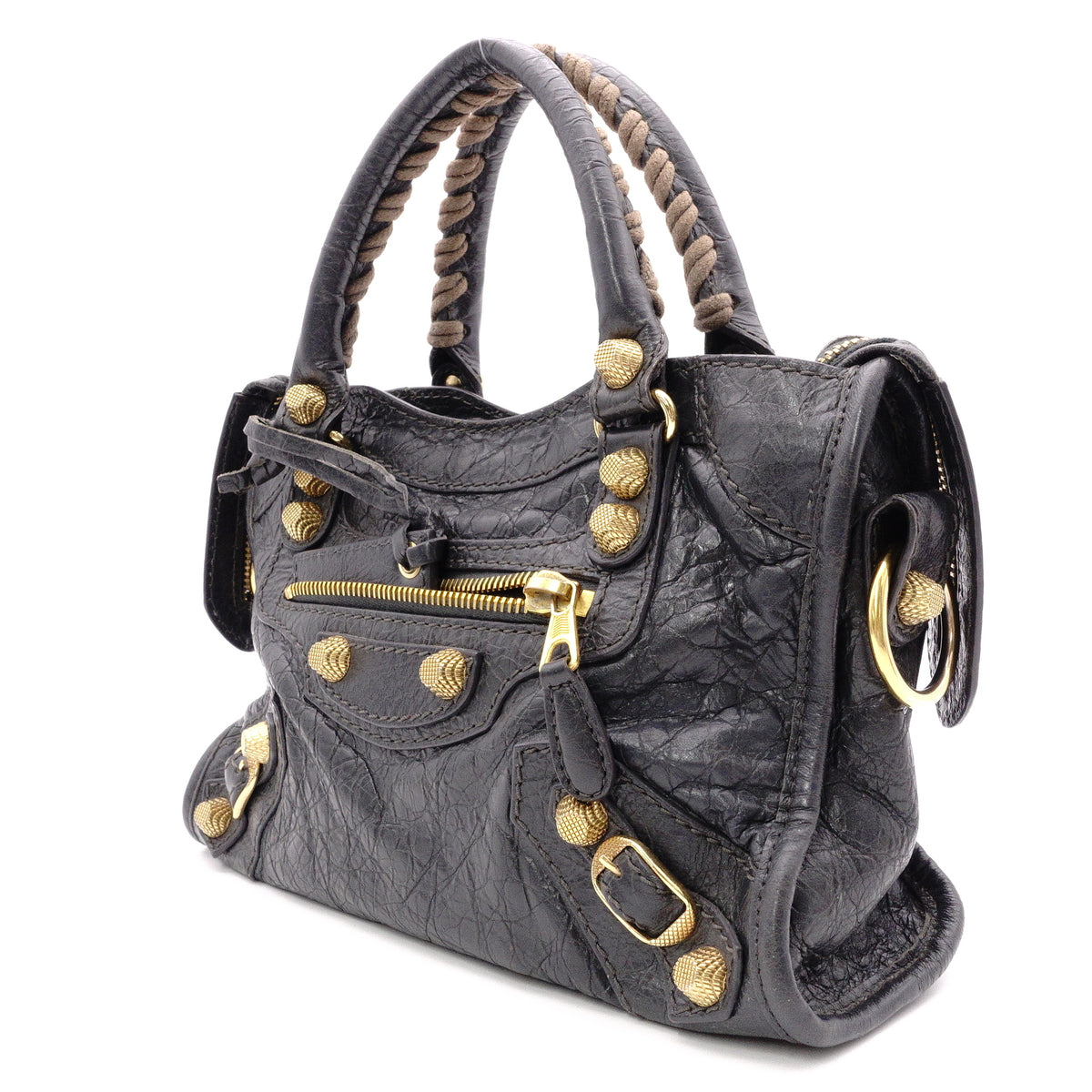 BALENCIAGA The Mini City Handbag, Leather, Gray, Women's, Crossbody, Gold Hardware