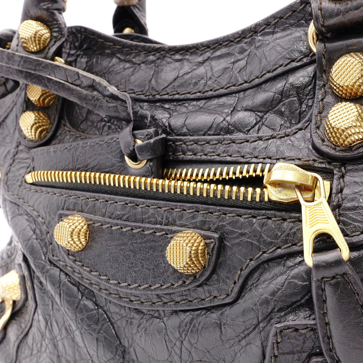 BALENCIAGA The Mini City Handbag, Leather, Gray, Women's, Crossbody, Gold Hardware