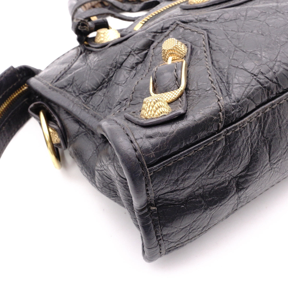 BALENCIAGA The Mini City Handbag, Leather, Gray, Women's, Crossbody, Gold Hardware
