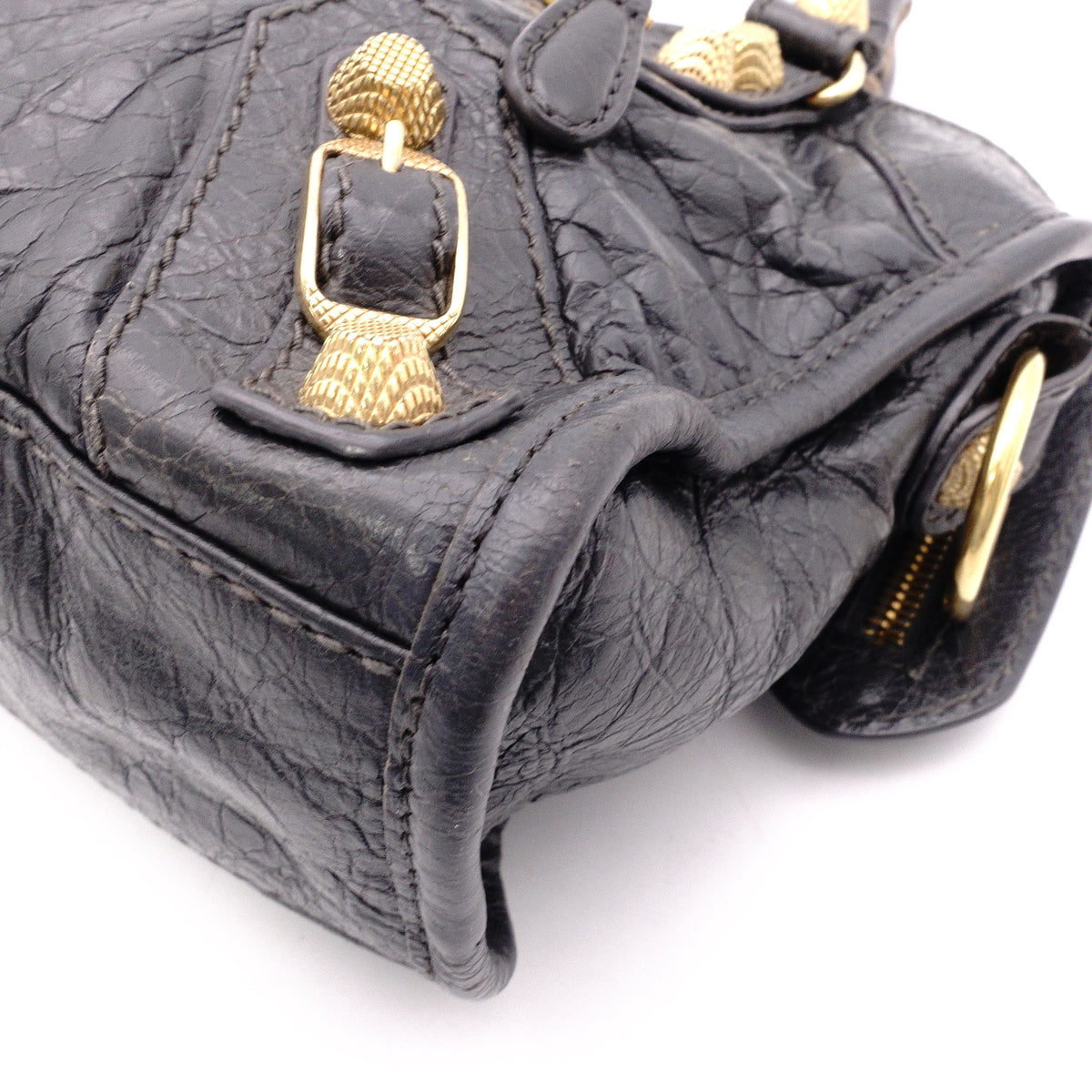 BALENCIAGA The Mini City Handbag, Leather, Gray, Women's, Crossbody, Gold Hardware