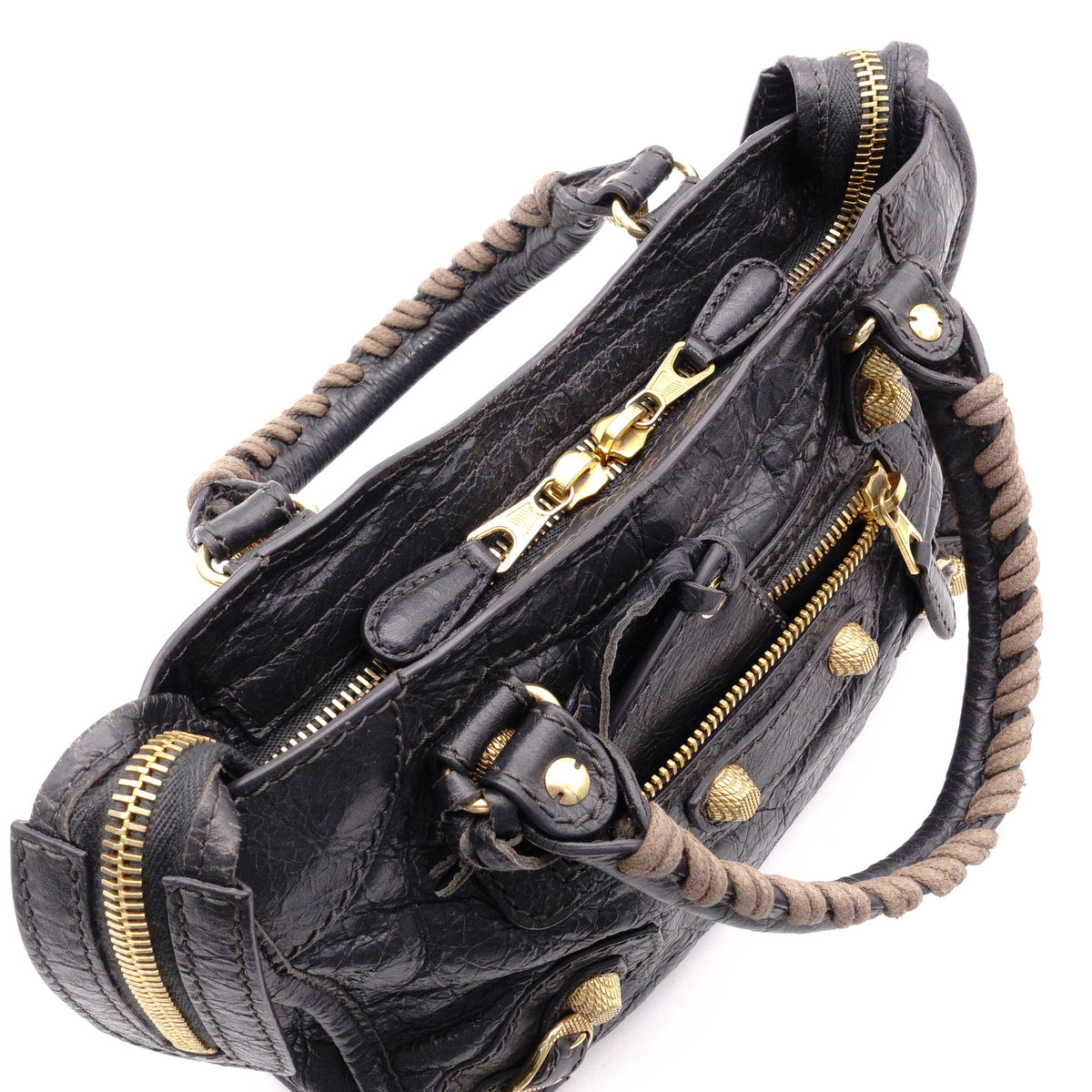 BALENCIAGA The Mini City Handbag, Leather, Gray, Women's, Crossbody, Gold Hardware