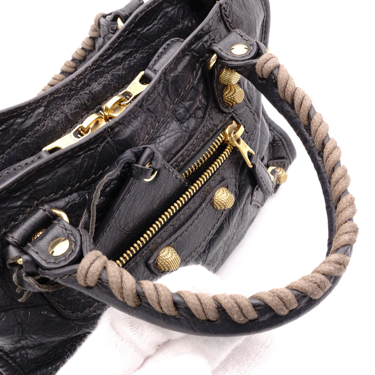 BALENCIAGA The Mini City Handbag, Leather, Gray, Women's, Crossbody, Gold Hardware