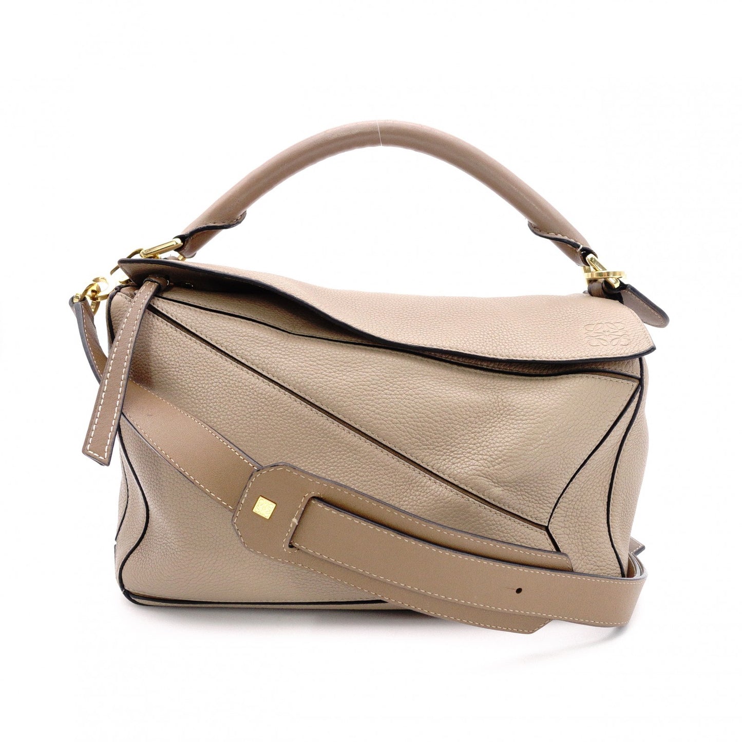LOEWE Puzzle Medium Handbag, Leather, Beige, 2-Way, Gold Hardware, Crossbody