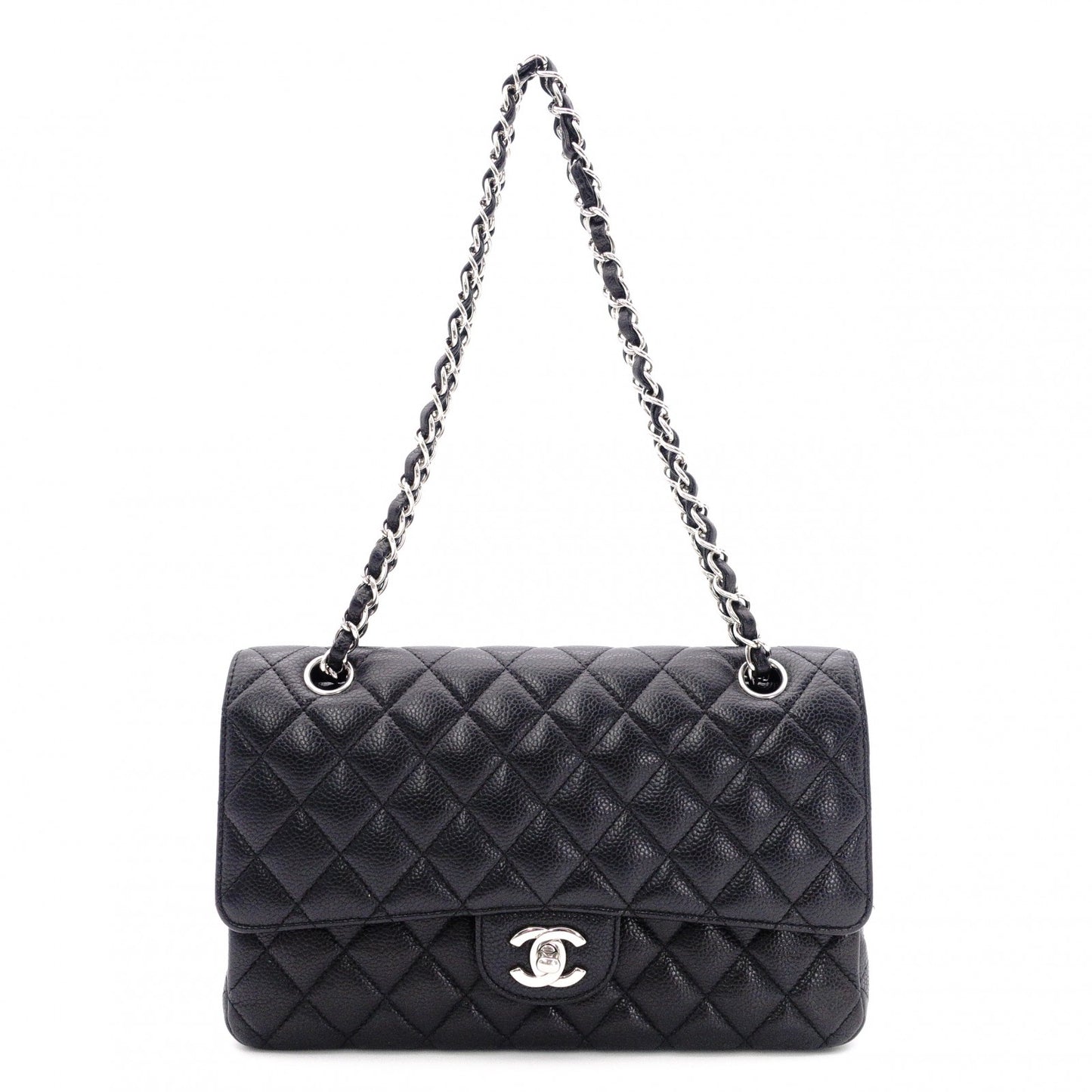 CHANEL Caviar Skin W-Flap Classic Matelassé Shoulder Bag, Leather, Black, Silver Hardware