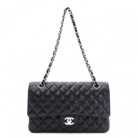 CHANEL Caviar Skin W-Flap Classic Matelassé Shoulder Bag, Leather, Black, Silver Hardware