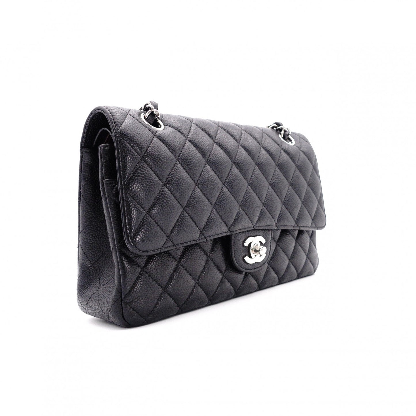 CHANEL Caviar Skin W-Flap Classic Matelassé Shoulder Bag, Leather, Black, Silver Hardware