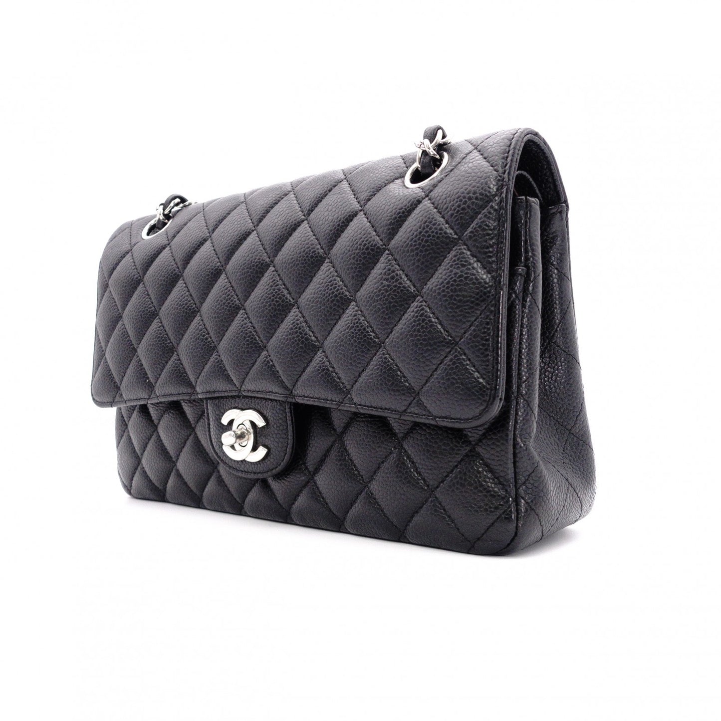 CHANEL Caviar Skin W-Flap Classic Matelassé Shoulder Bag, Leather, Black, Silver Hardware