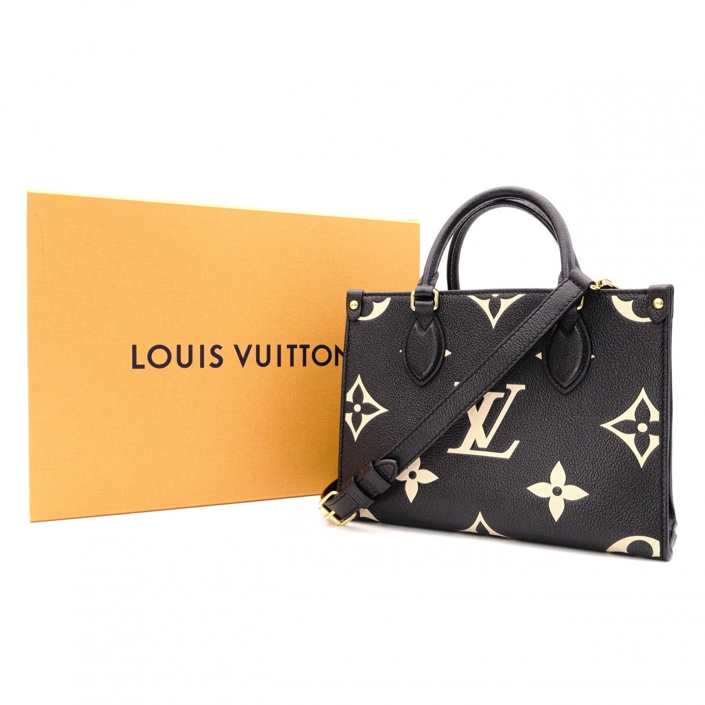 LOUIS VUITTON OTG PM Monogram Implant Handbag, Leather, Black, 2-Way Crossbody