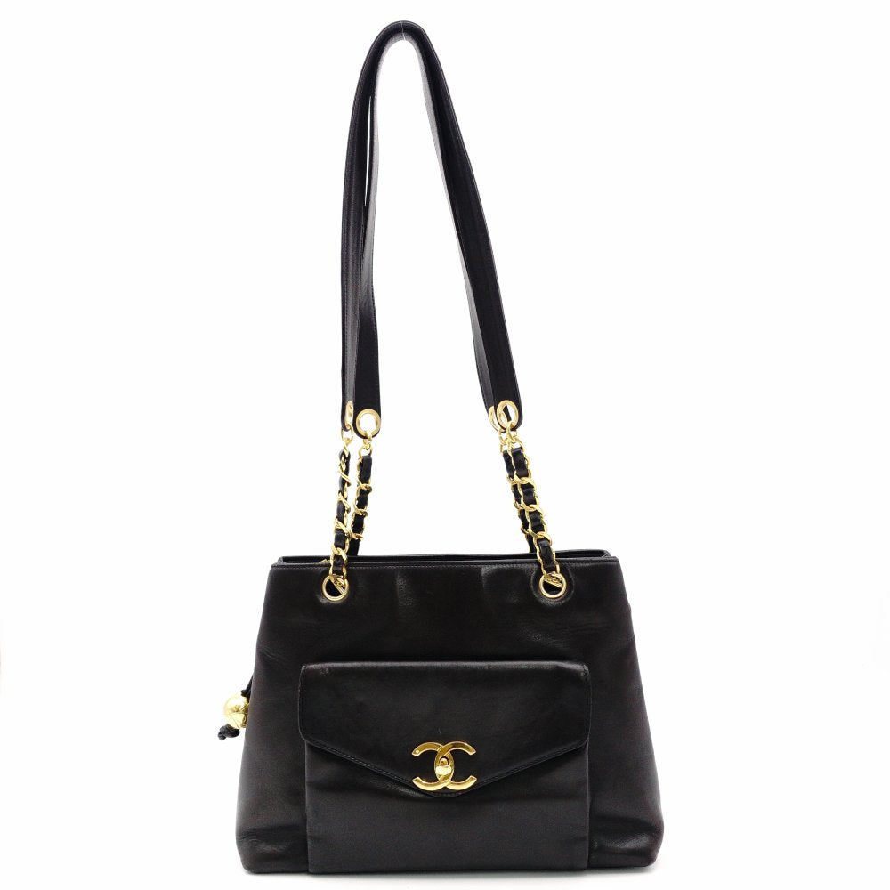 CHANEL Shoulder Bag Leather Black Women's Black Gold Hardware