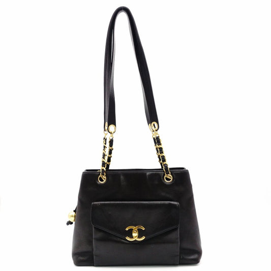 CHANEL Shoulder Bag Leather Black Women's Black Gold Hardware