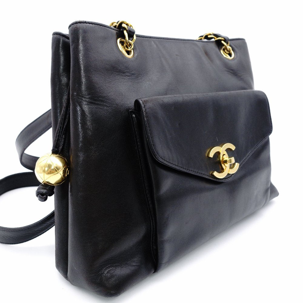 CHANEL Shoulder Bag Leather Black Women's Black Gold Hardware