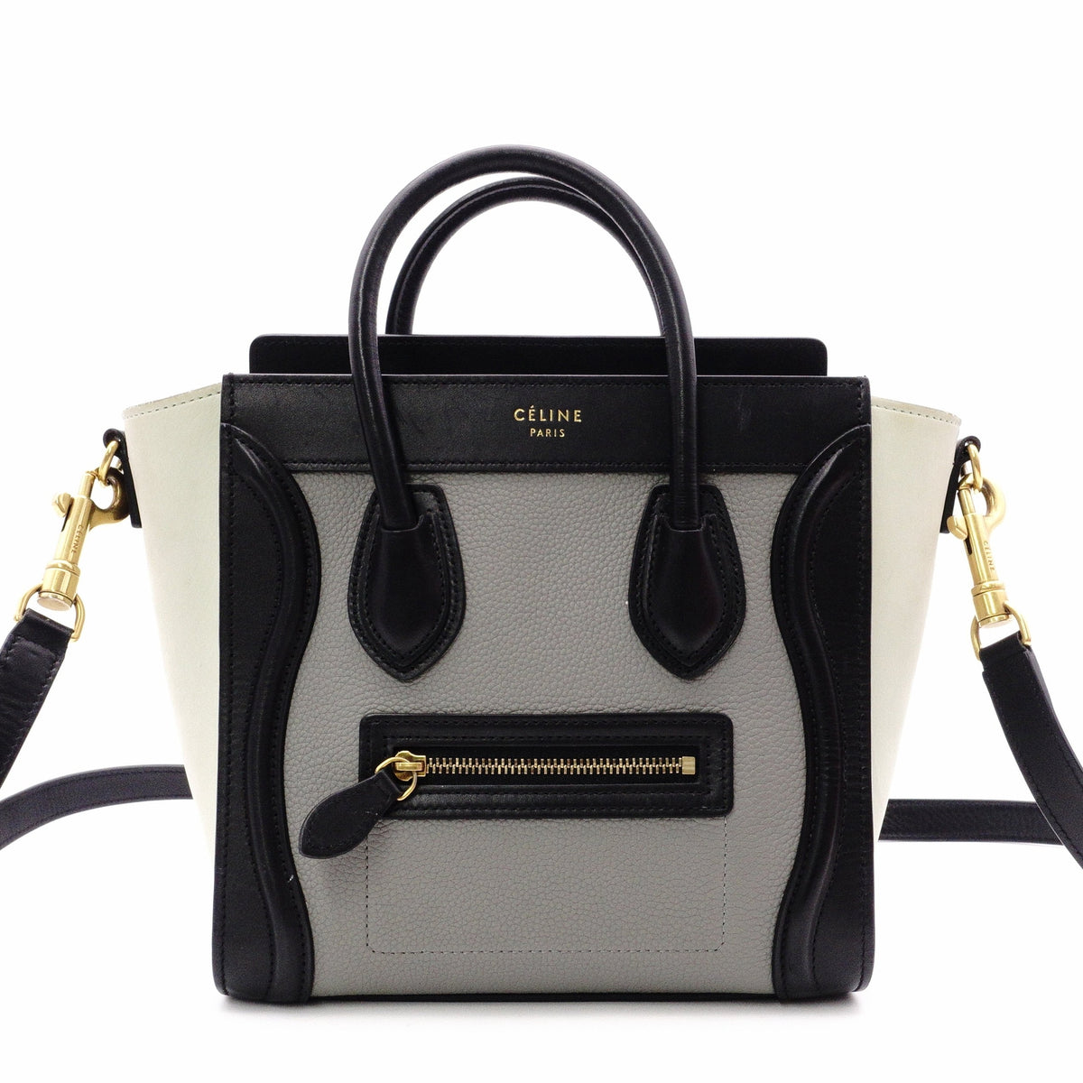 CELINE Luggage Nano Shopper Handbag, Leather, Greenish Gray, 2-Way, Black, Crossbody