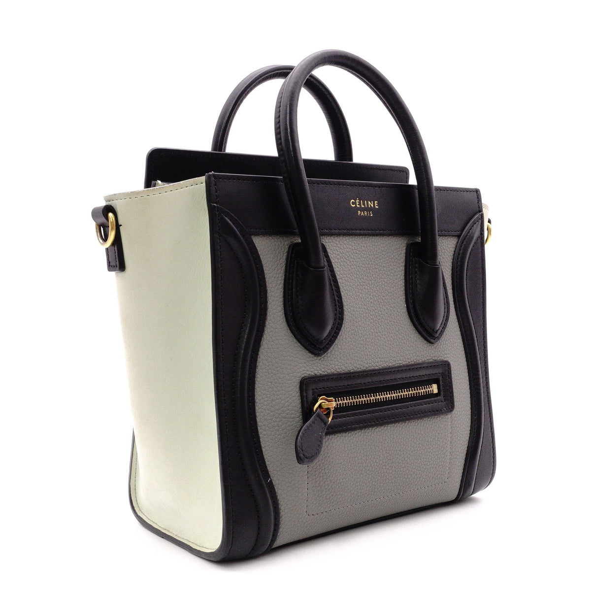 CELINE Luggage Nano Shopper Handbag, Leather, Greenish Gray, 2-Way, Black, Crossbody