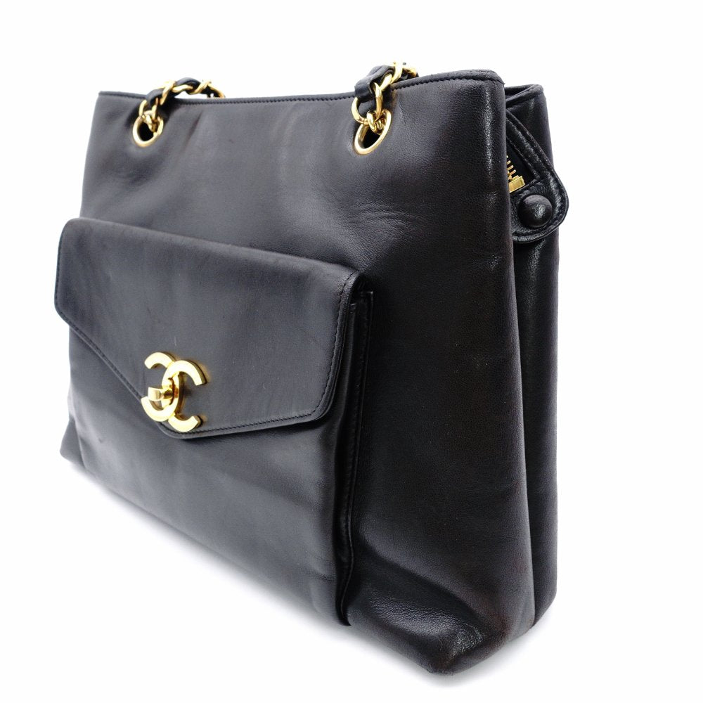 CHANEL Shoulder Bag Leather Black Women's Black Gold Hardware