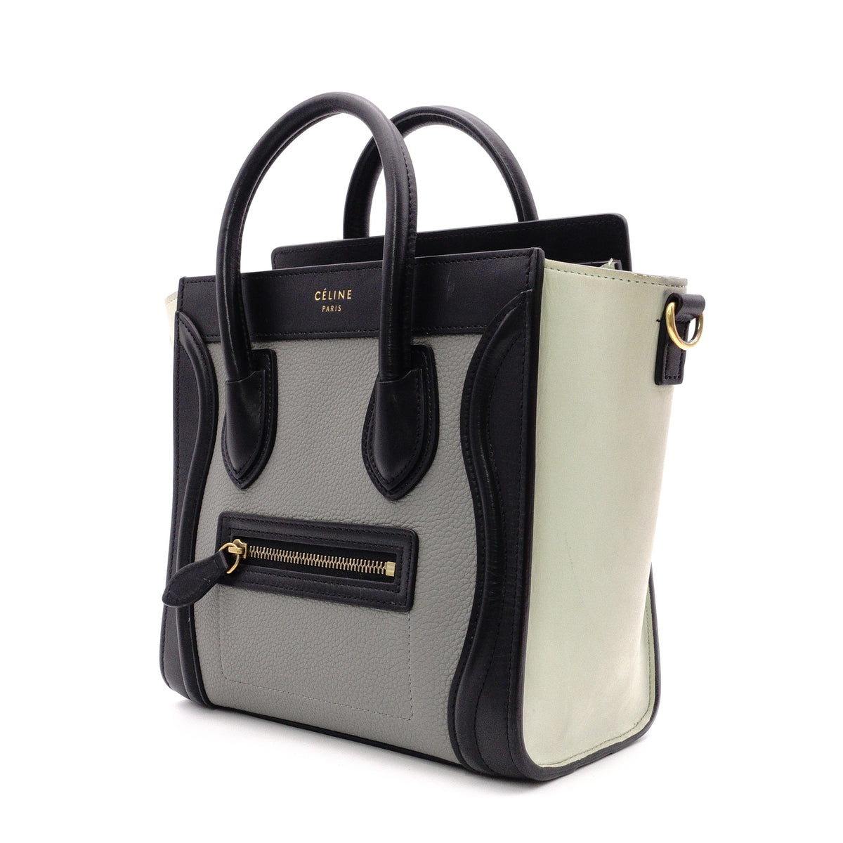 CELINE Luggage Nano Shopper Handbag, Leather, Greenish Gray, 2-Way, Black, Crossbody