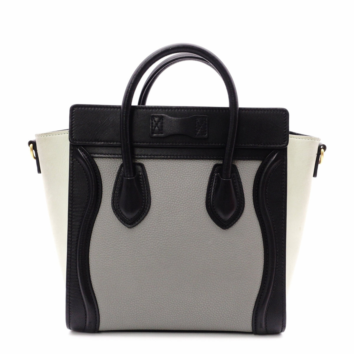 CELINE Luggage Nano Shopper Handbag, Leather, Greenish Gray, 2-Way, Black, Crossbody