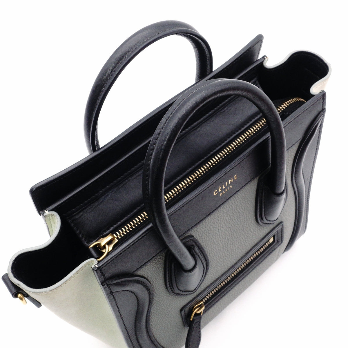 CELINE Luggage Nano Shopper Handbag, Leather, Greenish Gray, 2-Way, Black, Crossbody