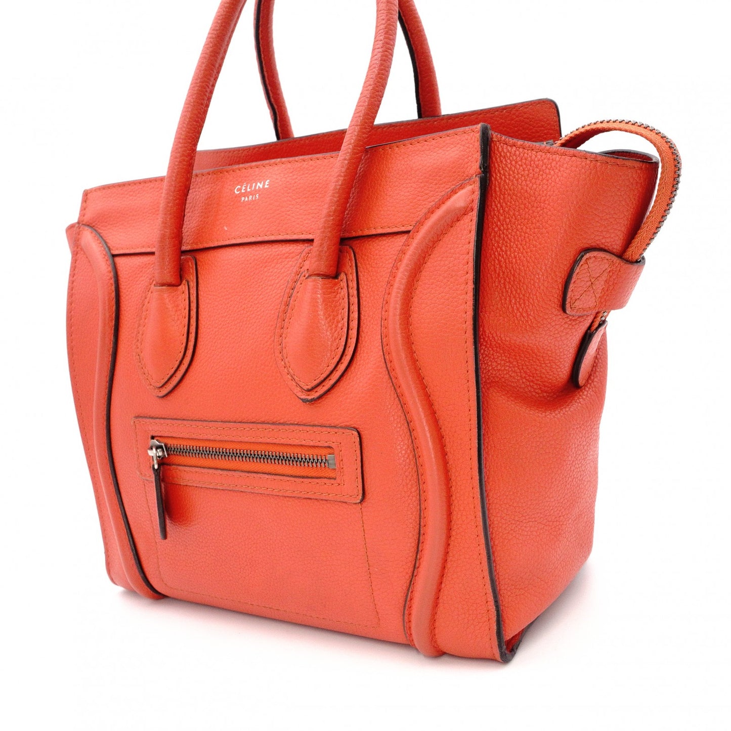 CELINE Luggage Micro Shopper Handbag, Leather, Orange, Tote Bag