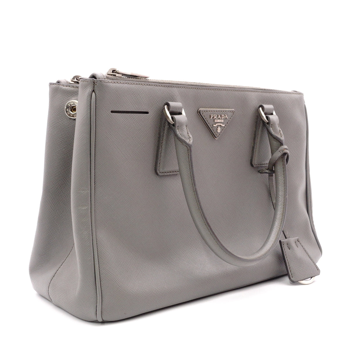 PRADA Galleria Handbag, Leather, Gray, Women's, 2-Way Crossbody, Silver Hardware, Triangle Logo